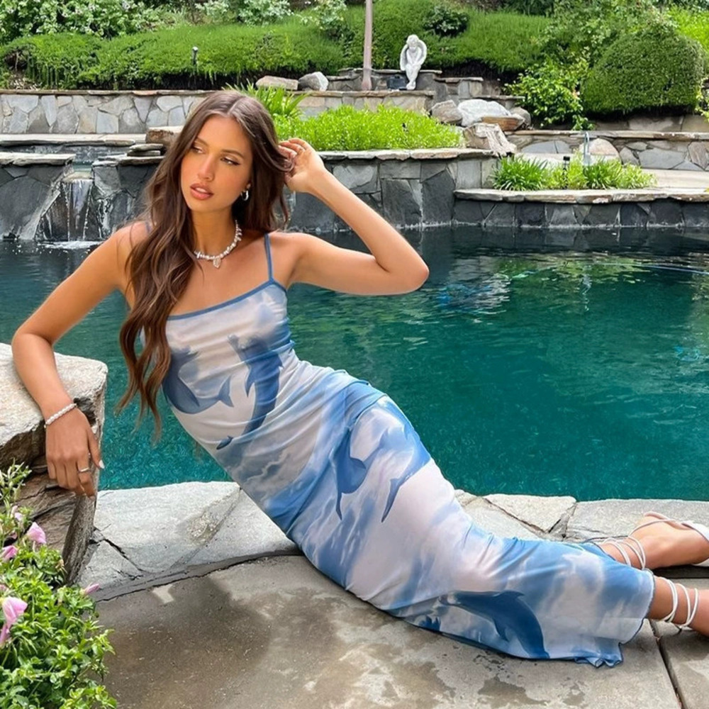 ZARA Summer Long Dolphin Print Bodycon Spaghetti Strap Sexy Tight Dress